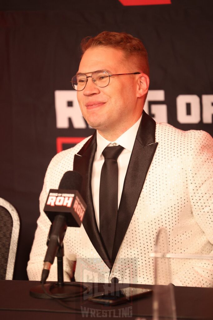 Announcer Ian Riccaboni hosts the post-show press conference after Ring of Honor's Final Battle on Friday, December 20, 2024, at the Hammerstein Ballroom in New York, New York. Photo by George Tahinos, georgetahinos.smugmug.com