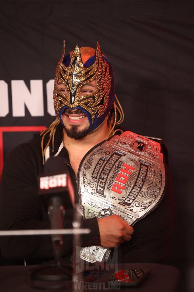 New ROH TV Champion Komander at the post-show press conference after Ring of Honor's Final Battle on Friday, December 20, 2024, at the Hammerstein Ballroom in New York, New York. Photo by George Tahinos, georgetahinos.smugmug.com