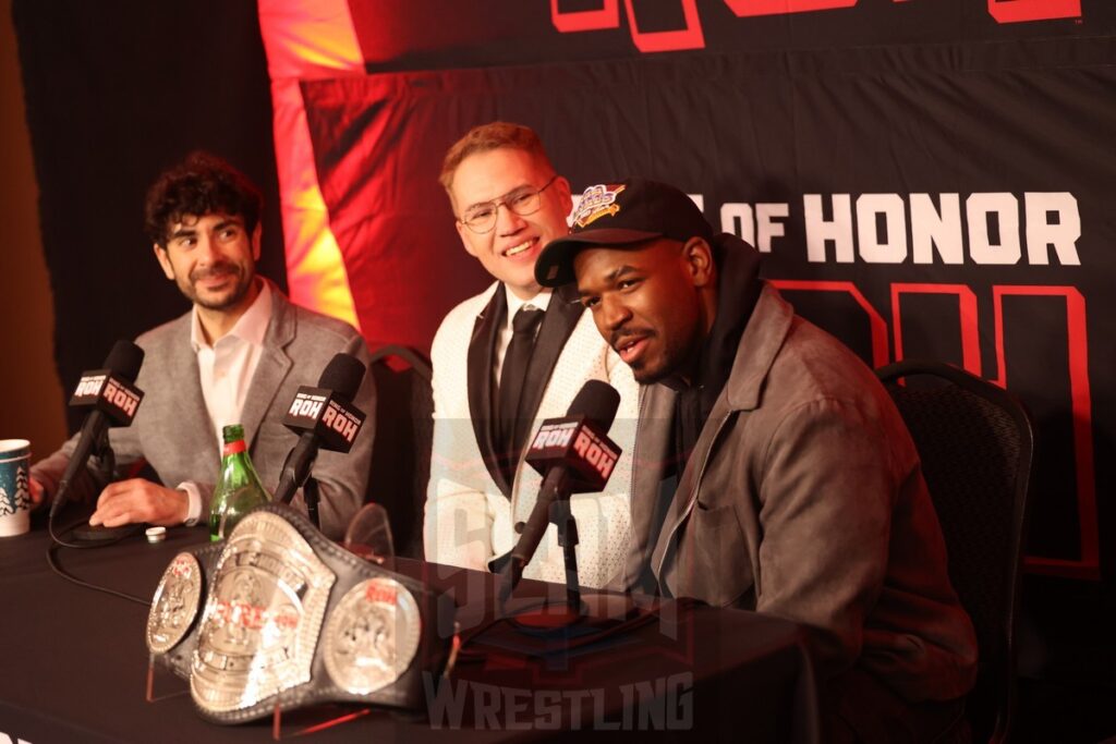 ROH Pure Champion Lee Moriarty with Tony Khan and Ian Riccaboni at the post-show press conference after Ring of Honor's Final Battle on Friday, December 20, 2024, at the Hammerstein Ballroom in New York, New York. Photo by George Tahinos, georgetahinos.smugmug.com