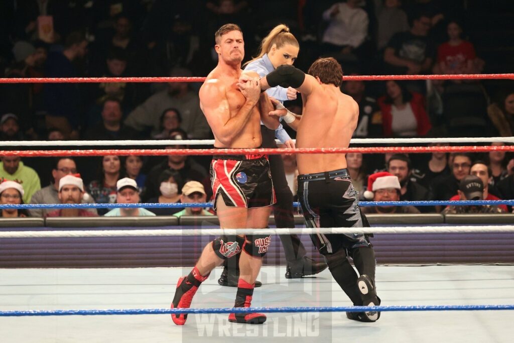 The Motor City Machine Guns (Alex Shelley & Chris Sabin) vs Austin Theory & Grayson Waller in a dark match at WWE Saturday Night's Main Event on Saturday, December 14, 2024, at the Nassau Veterans Memorial Coliseum in Uniondale, New York. Photo by George Tahinos, georgetahinos.smugmug.com