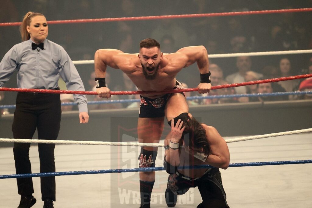 The Motor City Machine Guns (Alex Shelley & Chris Sabin) vs Austin Theory & Grayson Waller in a dark match at WWE Saturday Night's Main Event on Saturday, December 14, 2024, at the Nassau Veterans Memorial Coliseum in Uniondale, New York. Photo by George Tahinos, georgetahinos.smugmug.com