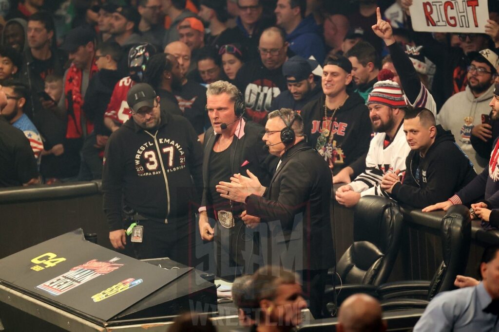 Pat McAfee joins Michael Cole at the ringside announce position at WWE Saturday Night's Main Event on Saturday, December 14, 2024, at the Nassau Veterans Memorial Coliseum in Uniondale, New York. Photo by George Tahinos, georgetahinos.smugmug.com