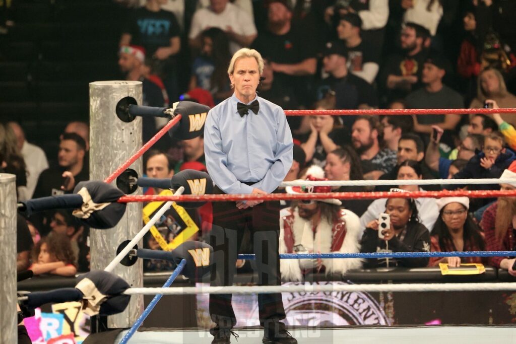 Referee Charles Robinson wears the ref camera at WWE Saturday Night's Main Event on Saturday, December 14, 2024, at the Nassau Veterans Memorial Coliseum in Uniondale, New York. Photo by George Tahinos, georgetahinos.smugmug.com