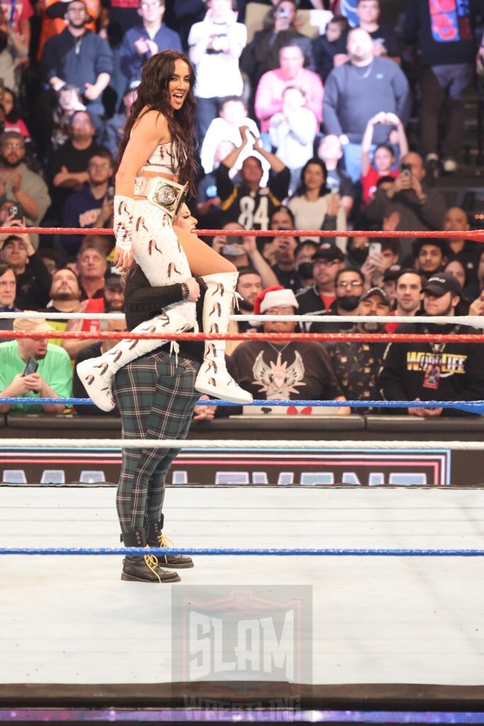 Piper Niven carries new US Women's champion Chelsea Green at WWE Saturday Night's Main Event on Saturday, December 14, 2024, at the Nassau Veterans Memorial Coliseum in Uniondale, New York. Photo by George Tahinos, georgetahinos.smugmug.com