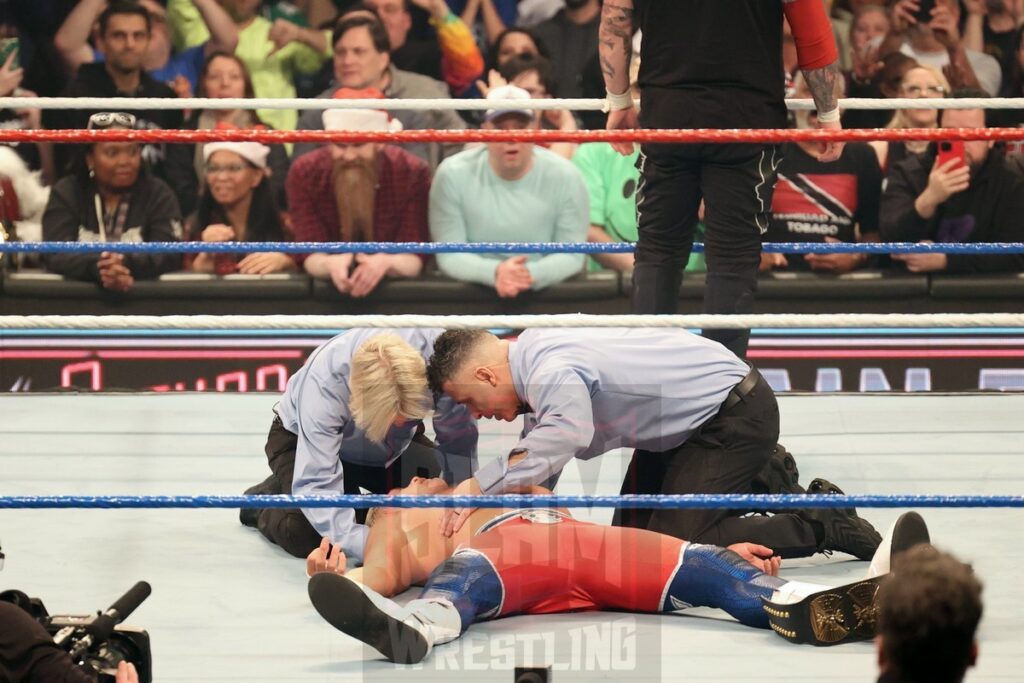 Post-match, Kevin Owens attacks Cody Rhodes at WWE Saturday Night's Main Event on Saturday, December 14, 2024, at the Nassau Veterans Memorial Coliseum in Uniondale, New York. Photo by George Tahinos, georgetahinos.smugmug.com