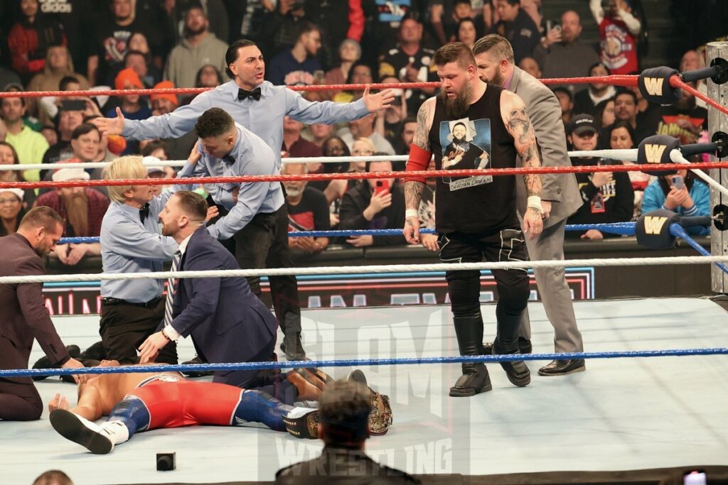 Post-match, Kevin Owens attacks Cody Rhodes at WWE Saturday Night's Main Event on Saturday, December 14, 2024, at the Nassau Veterans Memorial Coliseum in Uniondale, New York. Photo by George Tahinos, georgetahinos.smugmug.com