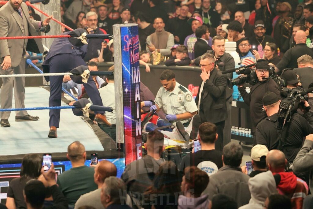 Undisputed WWE Champion Cody Rhodes is wheeled out of the arena on a stretcher at WWE Saturday Night's Main Event on Saturday, December 14, 2024, at the Nassau Veterans Memorial Coliseum in Uniondale, New York. Photo by George Tahinos, georgetahinos.smugmug.com