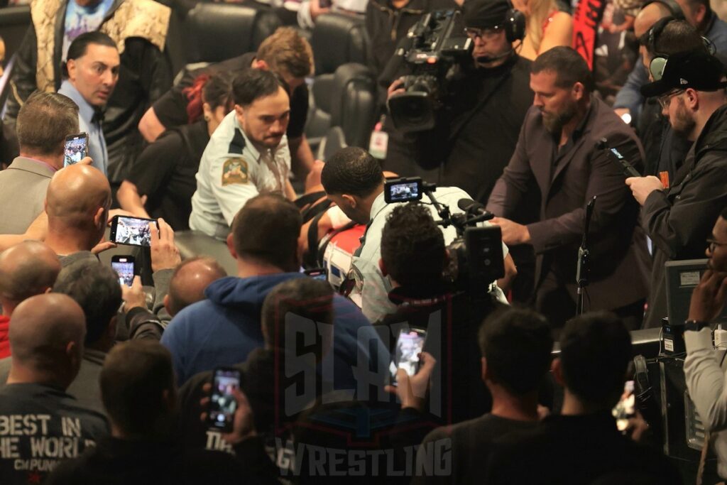 Undisputed WWE Champion Cody Rhodes is wheeled out of the arena on a stretcher at WWE Saturday Night's Main Event on Saturday, December 14, 2024, at the Nassau Veterans Memorial Coliseum in Uniondale, New York. Photo by George Tahinos, georgetahinos.smugmug.com