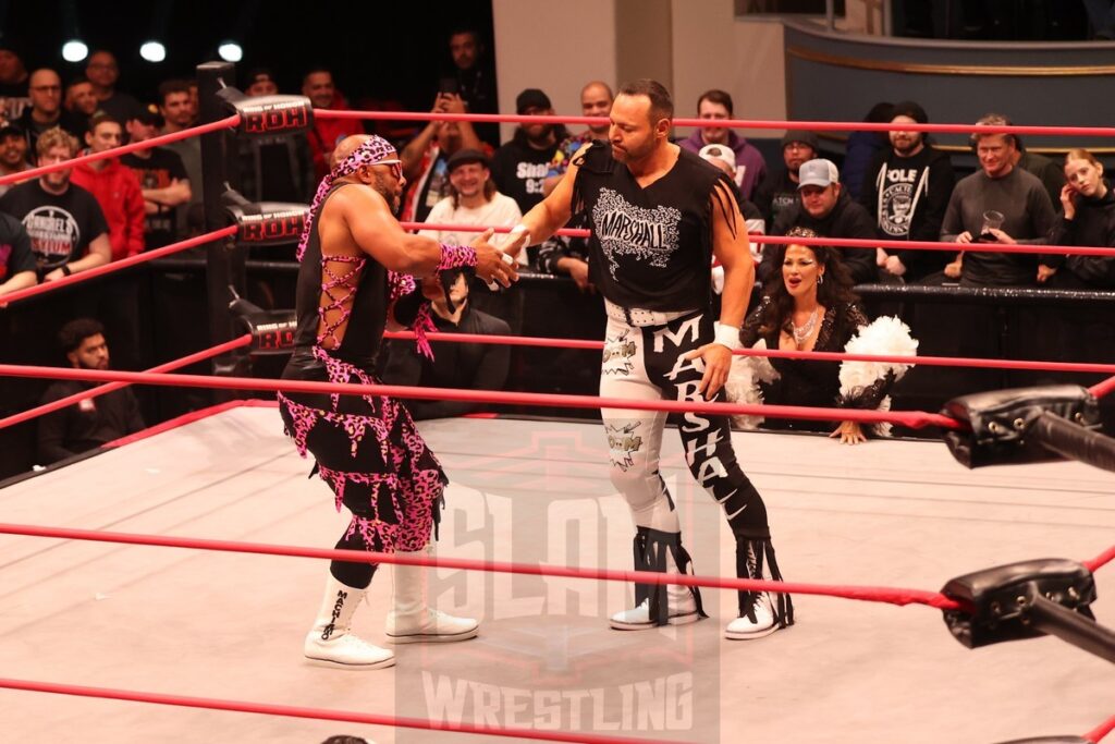 Jay Lethal (with Karen Jarrett and Sonjay Dutt) vs Q.T. Marshall (with Aaron Solo and Carolyn Fazio) at Ring of Honor's Final Battle on Friday, December 20, 2024, at the Hammerstein Ballroom in New York, New York. Photo by George Tahinos, georgetahinos.smugmug.com