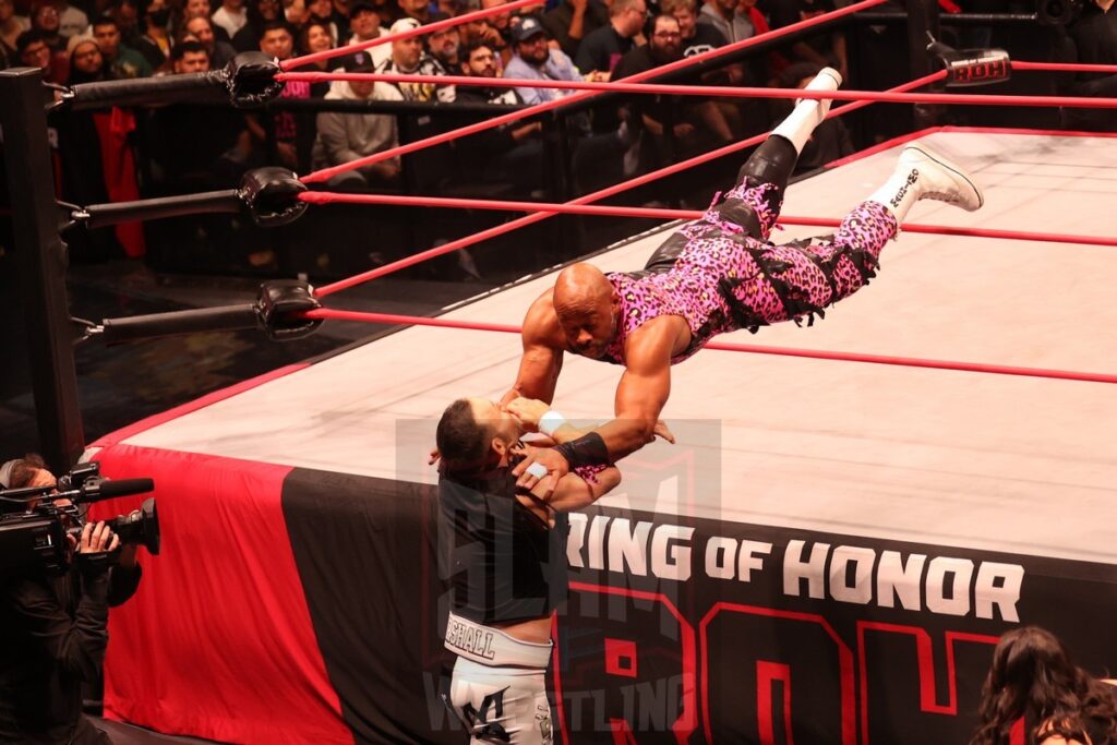 Jay Lethal (with Karen Jarrett and Sonjay Dutt) vs Q.T. Marshall (with Aaron Solo and Carolyn Fazio) at Ring of Honor's Final Battle on Friday, December 20, 2024, at the Hammerstein Ballroom in New York, New York. Photo by George Tahinos, georgetahinos.smugmug.com