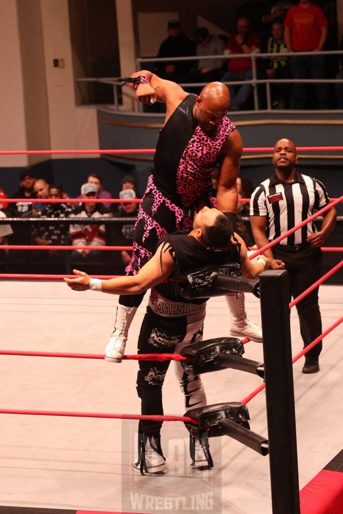 Jay Lethal (with Karen Jarrett and Sonjay Dutt) vs Q.T. Marshall (with Aaron Solo and Carolyn Fazio) at Ring of Honor's Final Battle on Friday, December 20, 2024, at the Hammerstein Ballroom in New York, New York. Photo by George Tahinos, georgetahinos.smugmug.com