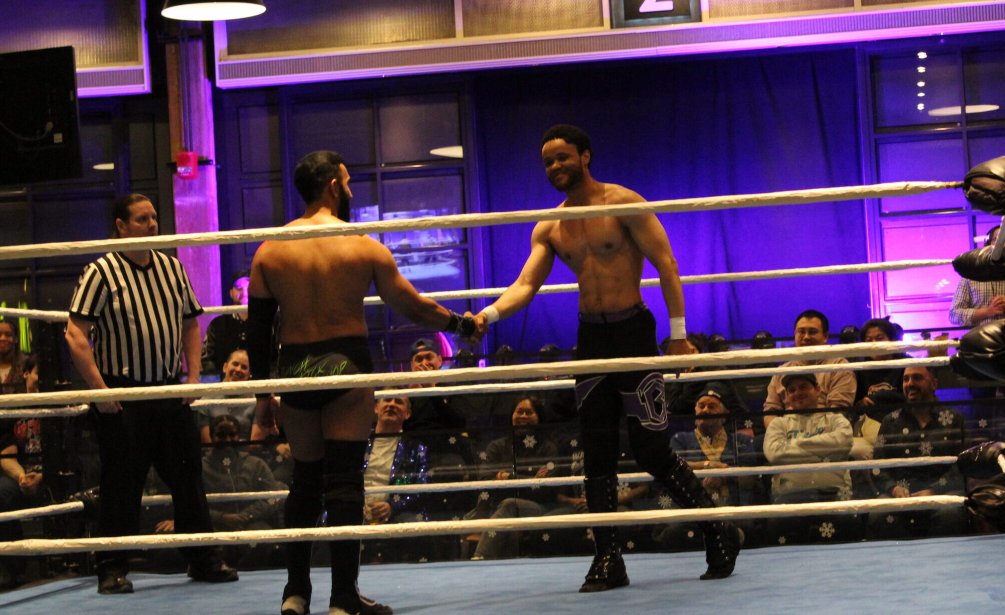 TARIK and Brent Banks shared a number of handshakes before their Smash Wrestling match Sunday, December 29, 2024, at the Rec Room in Toronto. Banks was initially hesitant as he didn't want to get chopped. Photo by Sully Khan