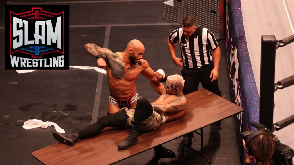 Ricochet pounds on Darby Allin at AEW Dynamite, at the Hammerstein Ballroom in New York, New York, taped on Sunday, December 22, and airing on Wednesday, December 25, 2024. Photo by George Tahinos, georgetahinos.smugmug.com