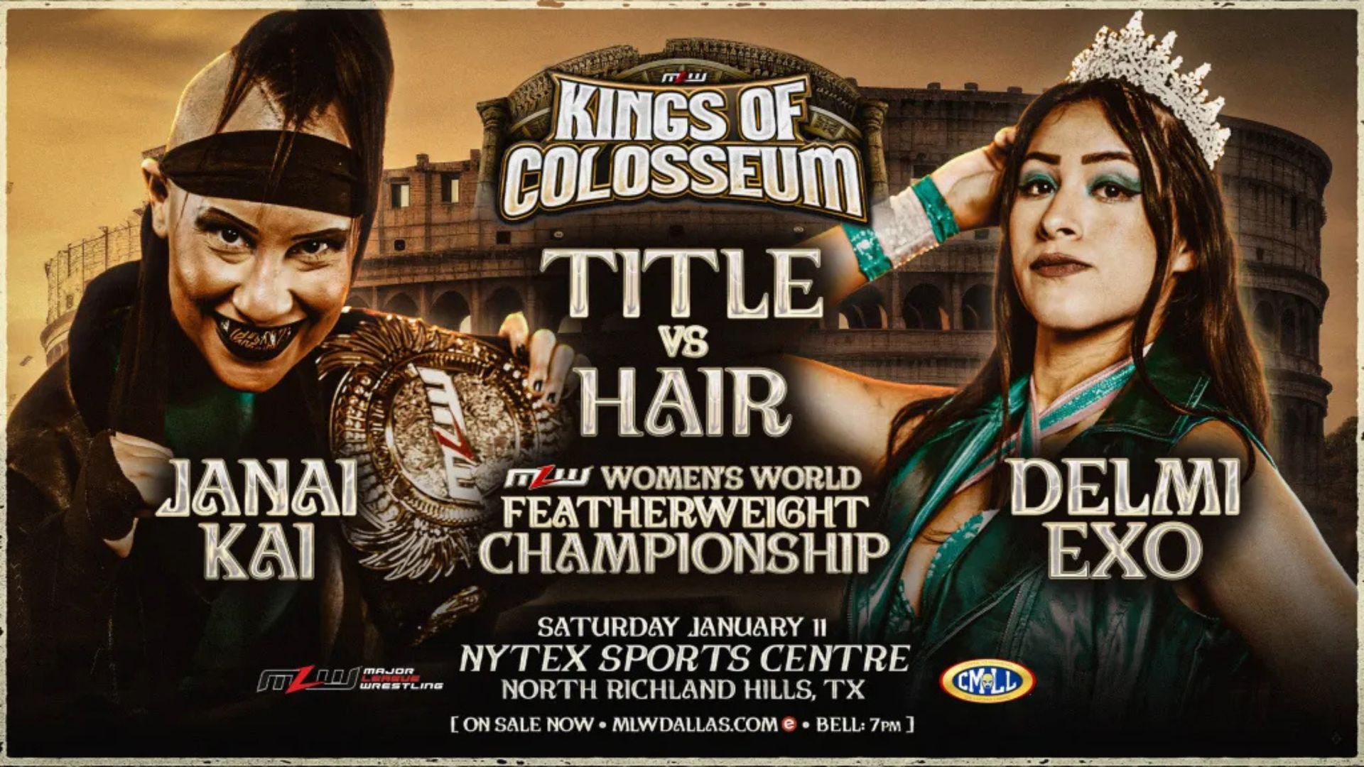 Promo poster for Janai Kai vs. Delmi Exo at MLW's Kings of Colosseum on January 11, 2025 in TX.