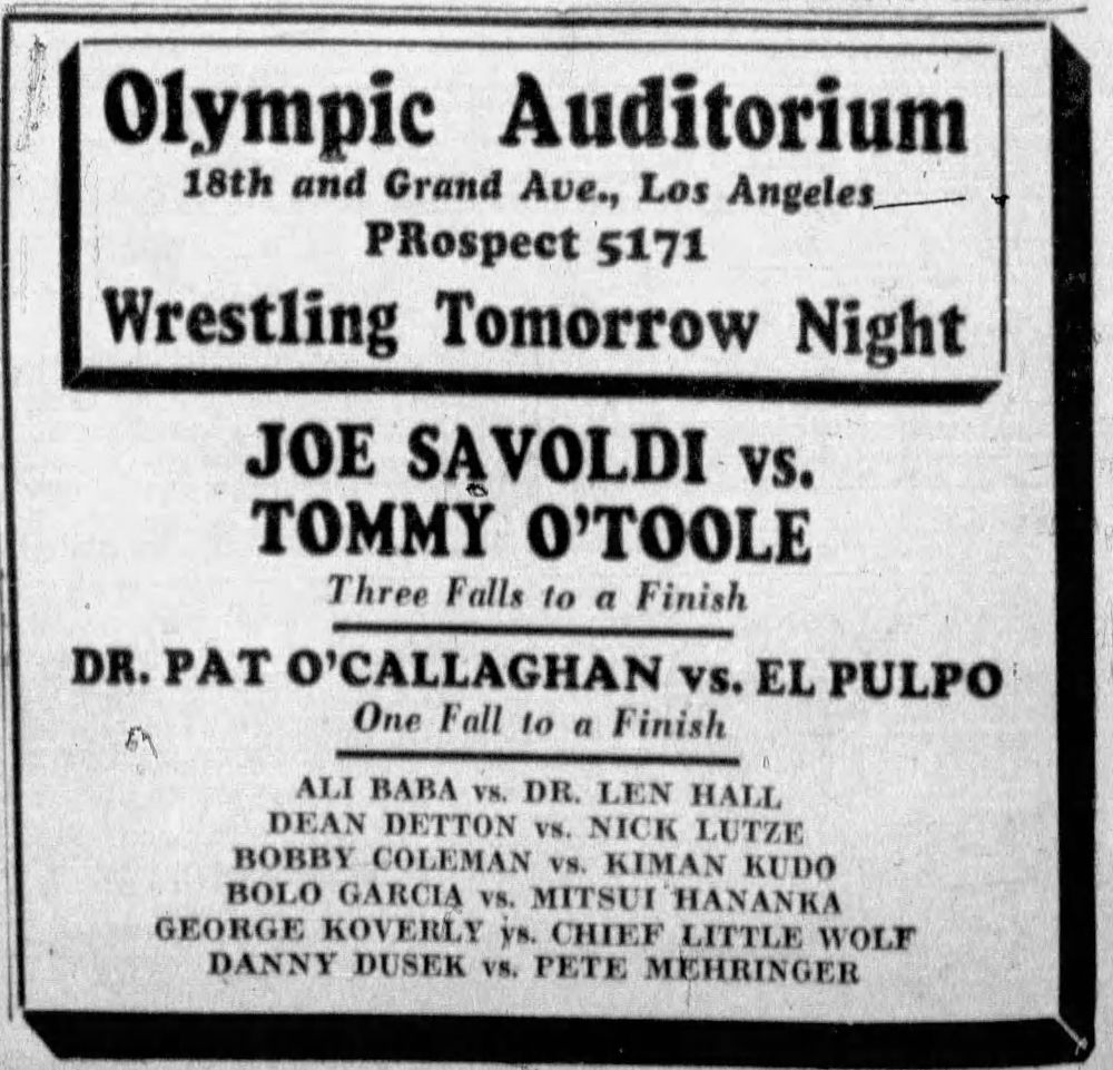 Dr. Pat O'Callaghan vs El Pulpo at the Los Angeles Olympic Auditorium on June 1, 1938.