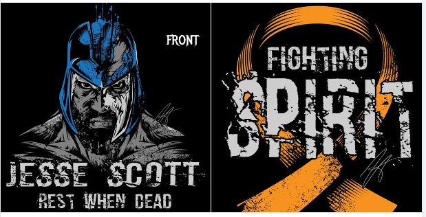 Order the Jesse Scott Fighting Spirit signature T-shirt from the Rest When Dead clothing line. All profits from this shirt will be donated to the Scott family to aid with their expenses. 