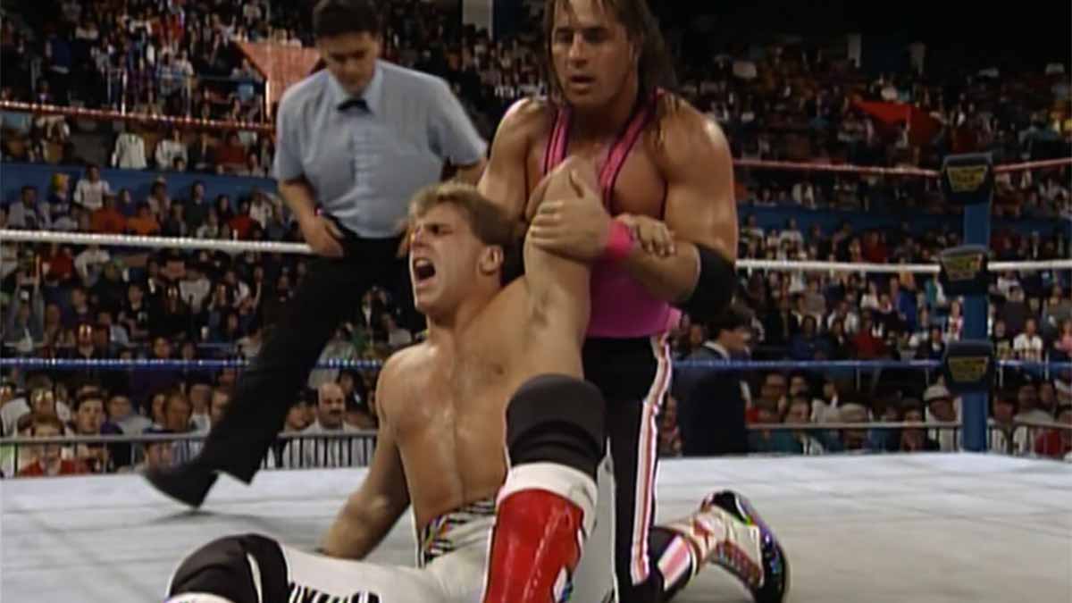The Hitman Bret Hart has Shawn Michaels all locked up. Courtesy: WWE Network.