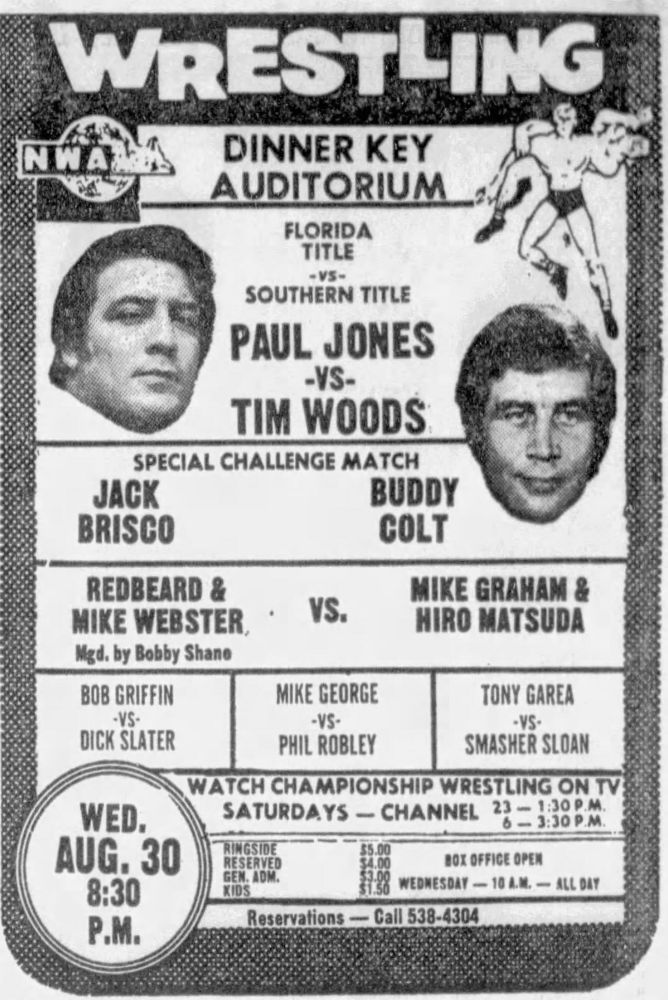 Jack Brisco and Tony Garea on the same card in Miami, Florida, on August 30, 1972.
