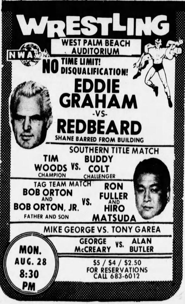 Bob Orton Sr. and his son, Bob Jr., and Tony Garea on the same card in Palm Beach, Florida, on August 28, 1972.