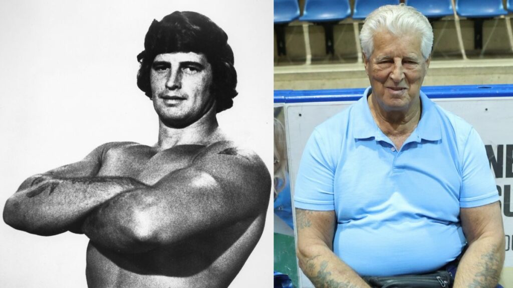 Tony Garea in his prime, left, and Tony Garea at the 80s Wrestling Con on Saturday, May 4, 2024, at the Mennen Sports Arena in Morristown, New Jersey. Photo by George Tahinos, georgetahinos.smugmug.com