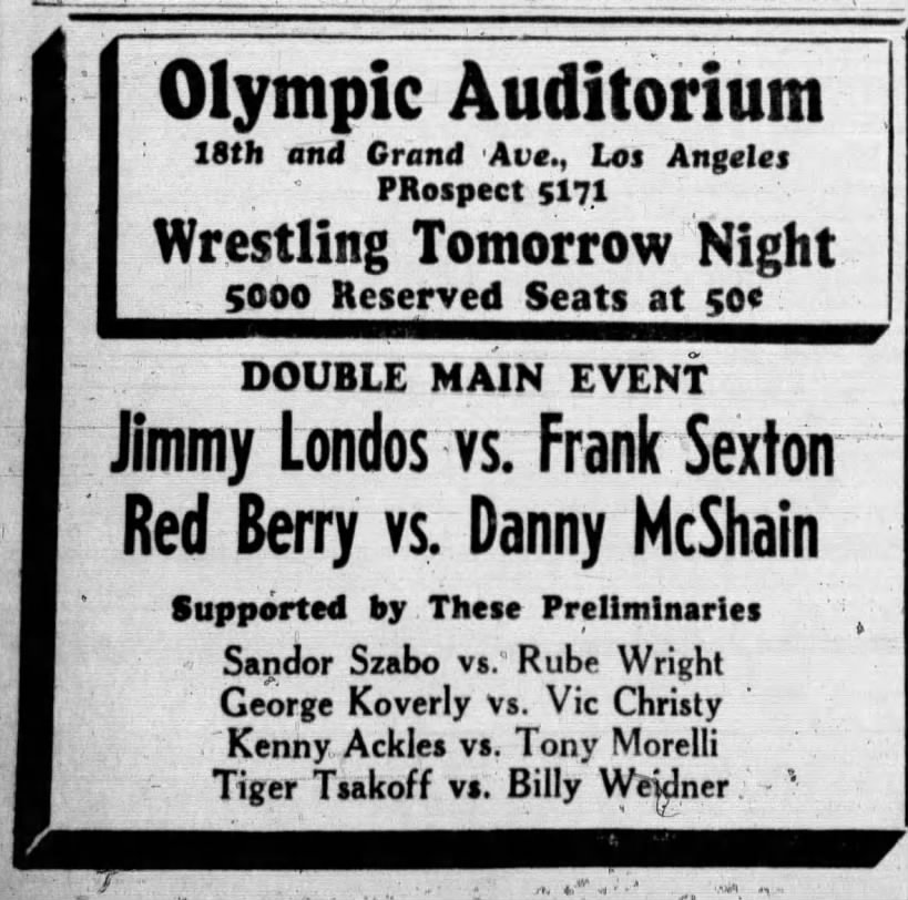 Frank Sexton vs Jim Londos on August 12, 1943.