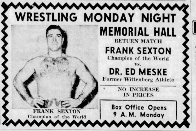 Frank Sexton vs Dr. Ed Meske on Feb. 21, 1949, in Springfield, OH.