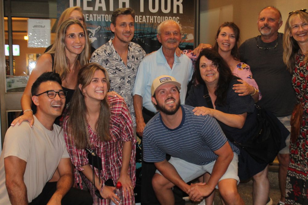 McKenrose the Scottish Warrior (Sarah McNicoll) and director Stephan Peterson with Tony Condello and his extended family at a screening of The Death Tour in Toronto on August 2, 2024. Photo by Greg Oliver