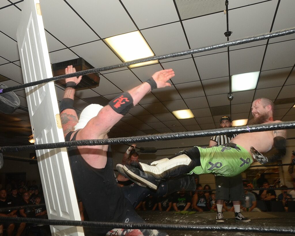 Kamikaze kicks JJ Escobar at Horror Slam at the Elk's Lodge on September 13, 2024. Photo by Brad McFarlin. 