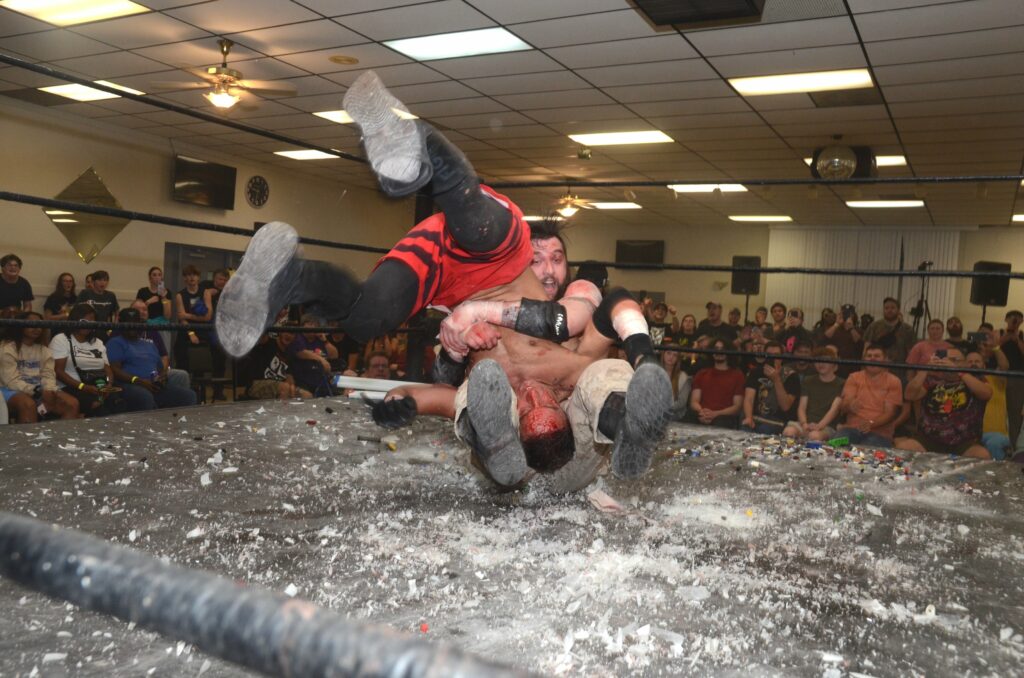 Tommy Vendetta piledrives Drake Younger at Horror Slam at the Elk's Lodge on September 13, 2024. Photo by Brad McFarlin.