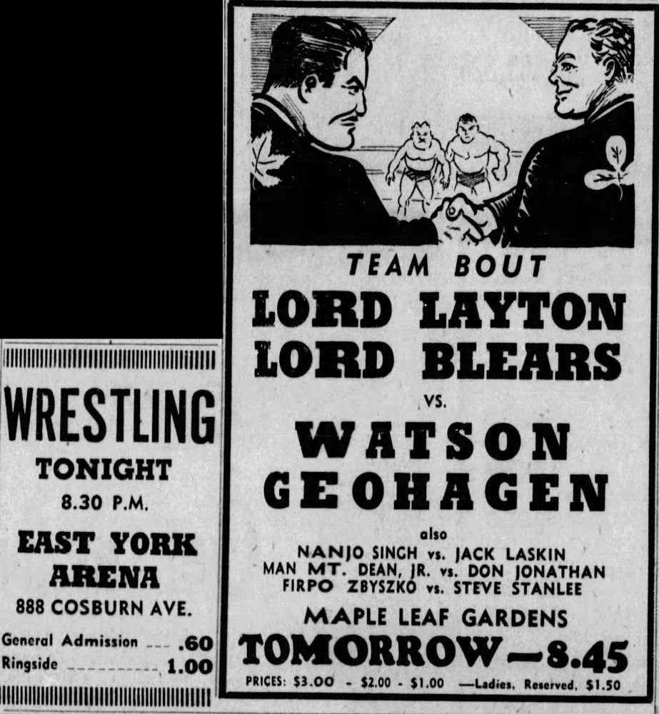 Two advertisements for wrestling -- David vs Goliath -- on May 13, 1953, as the Les Lyman show on May 13th competed against the Frank Tunney show at Maple Leaf Gardens in the next night.