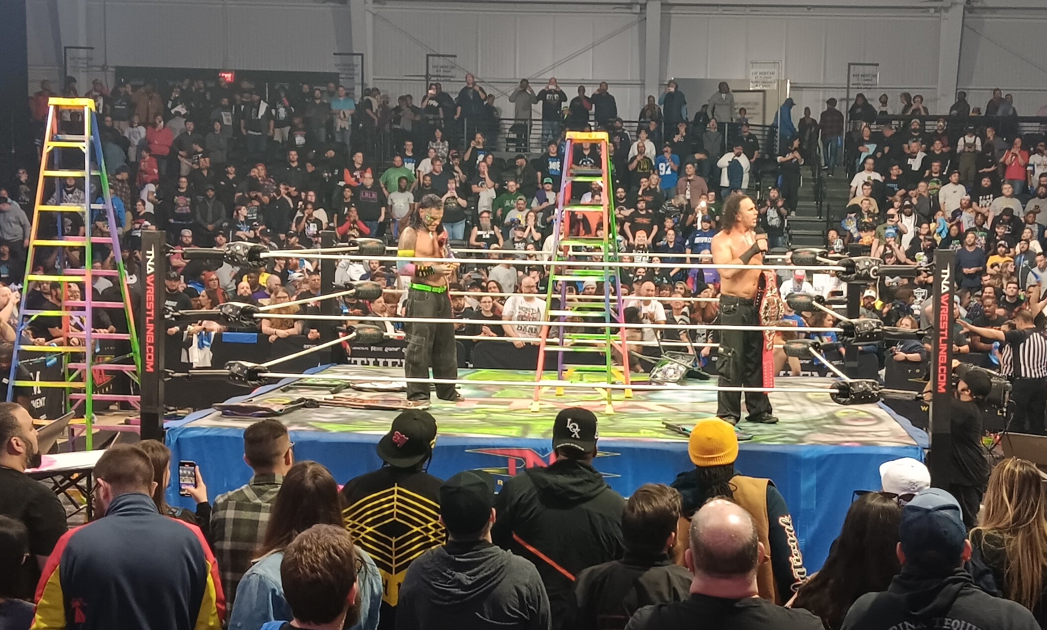 Matt and Jeff Hardy thank the crowd at TNA Bound For Glory at the Wayne State University Fieldhouse in Detroit, Michigan, on Saturday, October 26, 2024. Photo by Josh Olsen