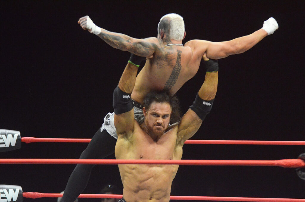 Darby Allin and Johnny TV Tony Khan at AEW Collision on October 4 2024 in Toledo, Ohio. Photo by Brad McFarlin.