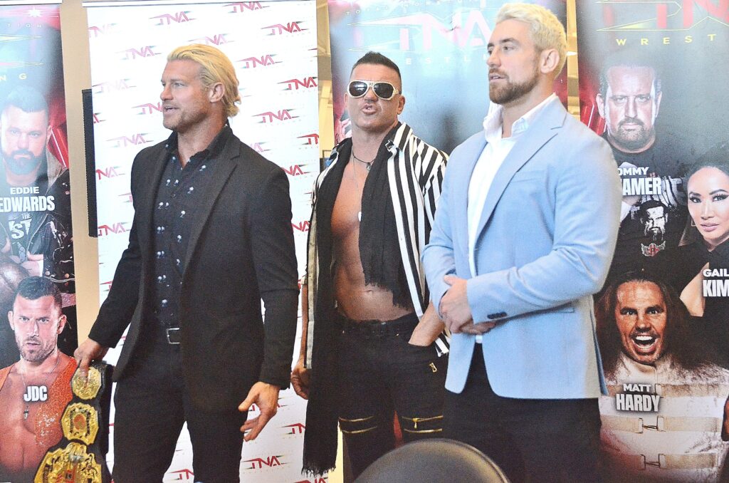 Nic Nemeth, Frankie Kazarian, and Joe Hendry at TNA Bound for Glory Press Conference in Detroit on October 24, 2024. Photo by Brad McFarlin. 