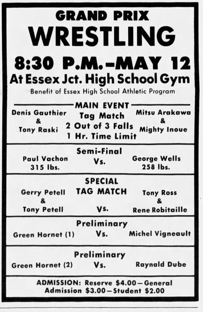 Mighty Inoue in a Grand Prix Wrestling main event in Burlington, Vermont, on May 13, 1977.