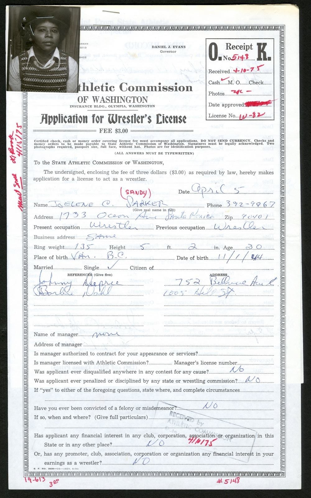 Sandy Parker's application for a wrestler's license in Washington State in 1975.