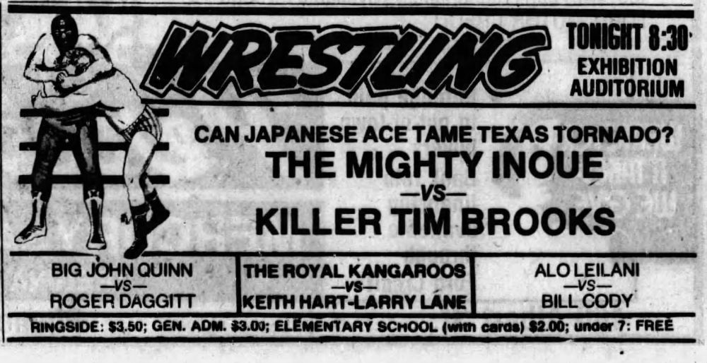 Mighty Inoue in a Stampede Wrestling main event in Regina, Saskatchewan, on June 23, 1977.